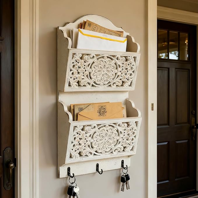 Chadechimo Rustic Key and Mail Holder for Wall Home Decorative,2-Slot Mail Organizer Wall Mount with 3 Hooks, Wooden Key Hangers Wall File Organizer Letter Sorter for Letter Magazines（White）