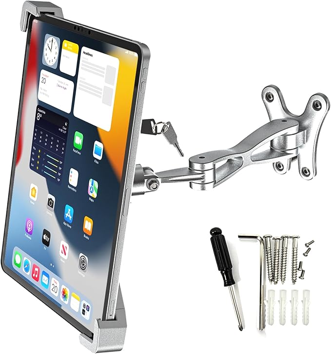 YOOZ Anti Theft Wall Mount for Tablet, Kiosk Counter Retail Security Stand, Adjustable Aluminum Arm - Wall Holder with Lock & Key Fit iPad Pro 13 11, Air, Galaxy Tabs, Surface Pro, 9-14" Tablets