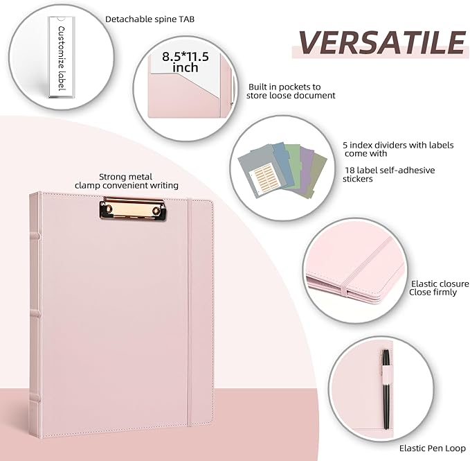 Ospelelf 3 Ring Binder with Clipboard 1 Inch Leather Binder for Letter Size (8.5" x 11"), Clipboard Binder with 5 Tab Dividers for School, Office, Pink
