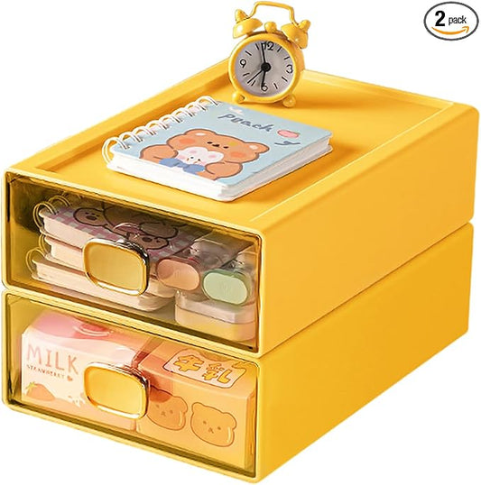 DETEIN 2PACK Stackable Desktop Organizer with Drawer 6.5"x9"x3" Desk Storage Drawer Office Plastic Organizer Clear Small Drawer for Pens, Stationery, Accessories, Make Up (Yellow, M - 1 Drawer)