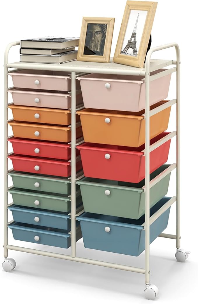 GLACER 15 Drawers Rolling Cart, Storage Cart with w/Removable Drawers & Steel Frame, Multipurpose Organizer Cart w/Sleek Handle, Utility Cart on Lockable Wheels for Home, School, Office (Colorful)
