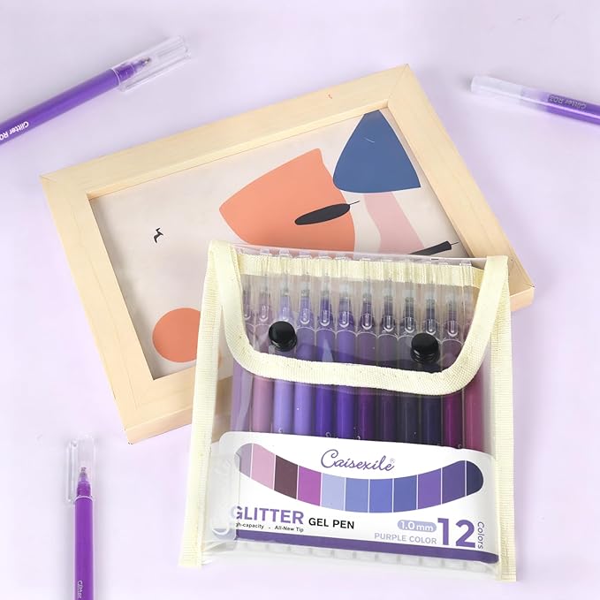 CAISEXILE 12 Purple Glitter Gel Pens Set, 1.0 mm Fine Point for Black Paper & White Paper, Large Capacity Pens for Journaling, Adult Coloring Books, Drawing, Note Taking, Highlighting