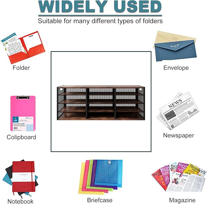 PAG-Mass Mail Sorter Adjustable Holder, Countertop Literature Organizer, Student Mailbox for Classroom, Desktop Bill Paper Organizer for Office Home School, 12 Compartments, Brown