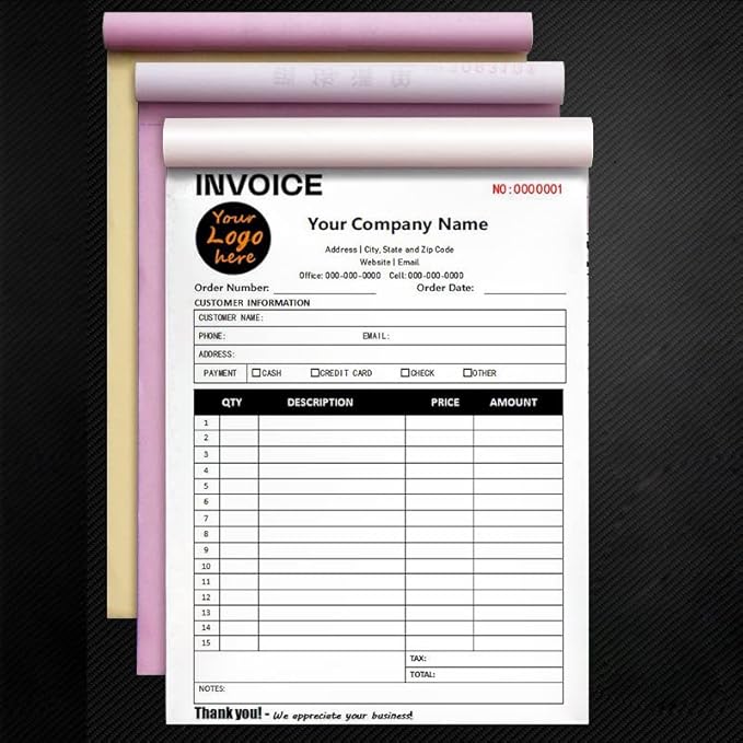 Custom Carbonless Sales Invoice Form Books for Small Business, Personalized NCR 2-Part Receipt Book with Carbon Copies, Cover Add Company Name, Address and Number Printed