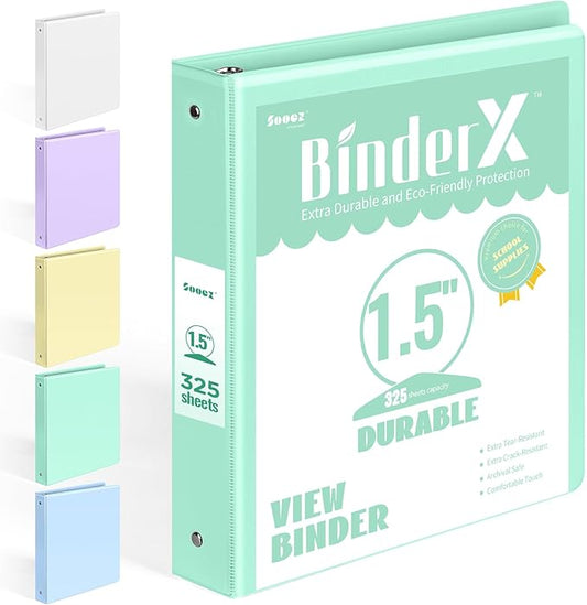 BinderX Extra Durable 1.5 Ring Binder, Round Ring 1.5 Inch Binders, Fits 325 Sheets of 8.5x11 Paper, Customizable View Cover with Inside Pockets, Cute 1.5" Binder, School Supplies for Girls, Green