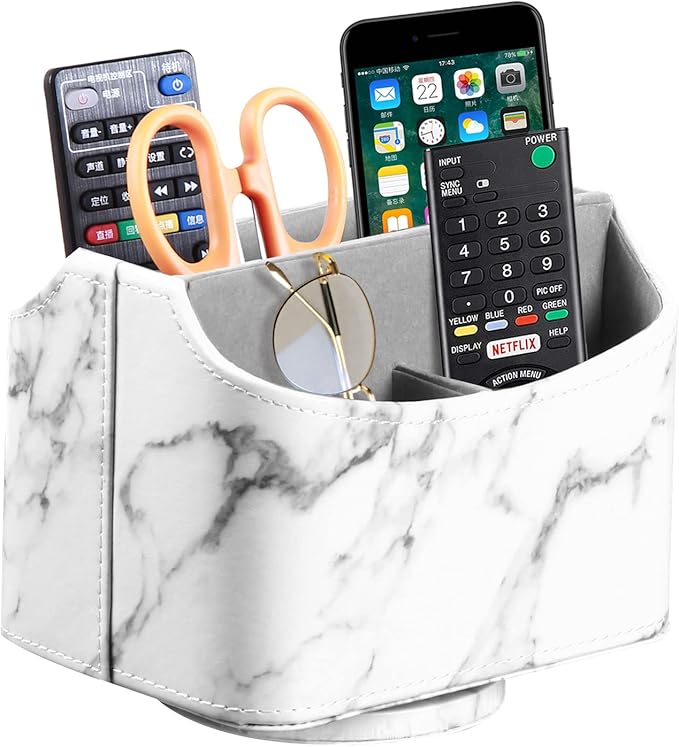PUSU Leather 360°Rotatable Remote Control Holder,Nightstand TV Remote Caddy,Office Supplies Desktop Organizer,Spinning Storage Box for Pen,Mail,Phone,DVD, Blu-Ray, Media Player, Heater Controllers