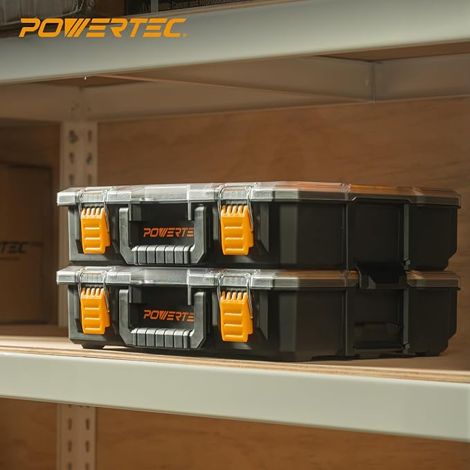POWERTEC Small Parts Organizer & Tool Box – 10 Compartments, IP65 Water & Dust Protection, Stackable Storage with Interlocking Latch, Removable Tray, Clear Lid, Portable Design (72365)