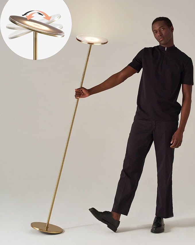 Brightech Sky LED Floor lamp, Torchiere Super Bright Floor Lamp for Living Room Decor & Office - Dimmable, Tall Standing Torch Lamp with Warm Light for Bedroom & Reading - Gold Brass