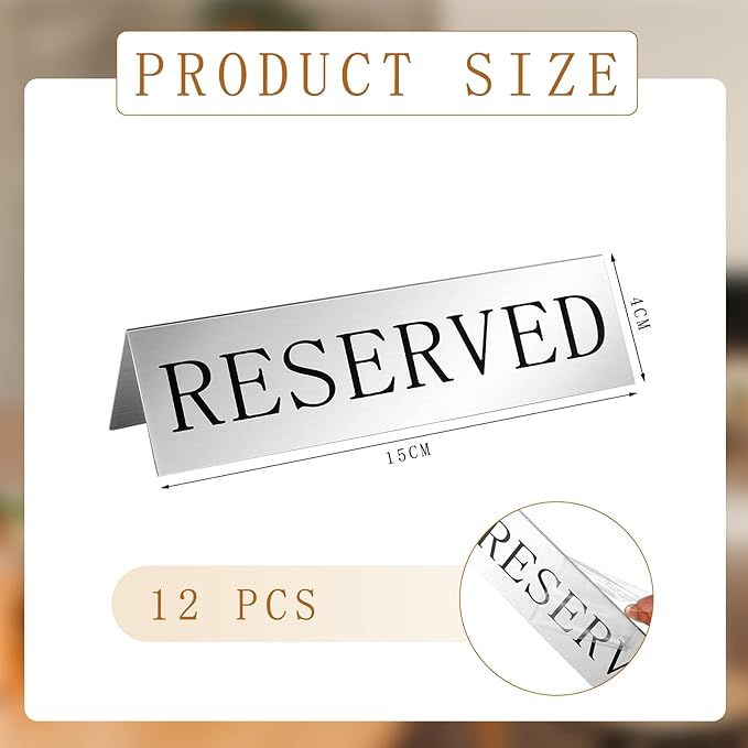 Peryiter 12 Pcs Table Top Reserved Sign Metal Reserved Table Tent Signs Double Sided Guest Reservation Seat Indicators for Wedding Restaurant Family Ceremony Events, 5.91 x 3.15 Inches(Silver)