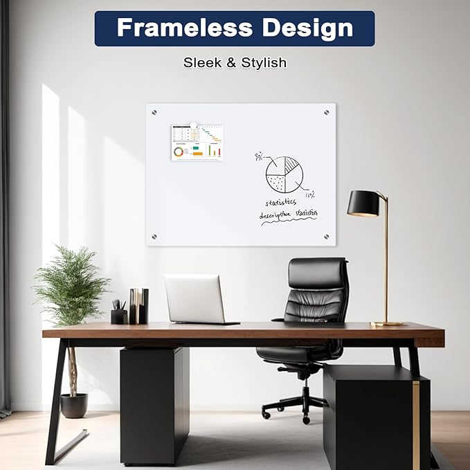 Magnetic Glass Whiteboard, 24" x 18" Dry Erase Board for Wall, Frameless White Board with 1 Marker Tray and 3 Magnets for Office, Home, Classroom -Ultra White
