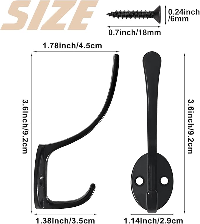 Homanu 14 Pack Coat Hooks Wall Mounted with 28 Screws, Heavy Duty Black Towel Hooks Metal Double Hooks, No Rust Retro Rustic Wall Hooks for Hanging Towel, Coat, Scarf, Bag, Hat, Cup, Key