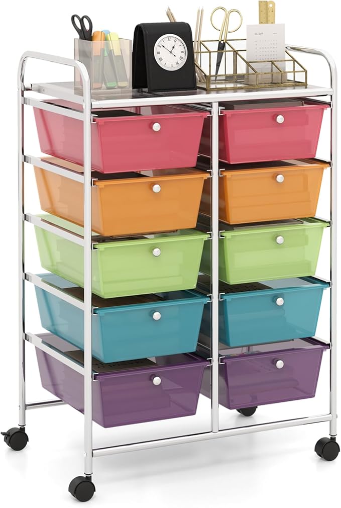HAPPYGRILL 10-Drawer Rolling Storage Cart, Storage Organizer Cart with Lockable Wheels, Beauty Salon Movable Utility Cart for School, Office, Home, (Clear Colorful)