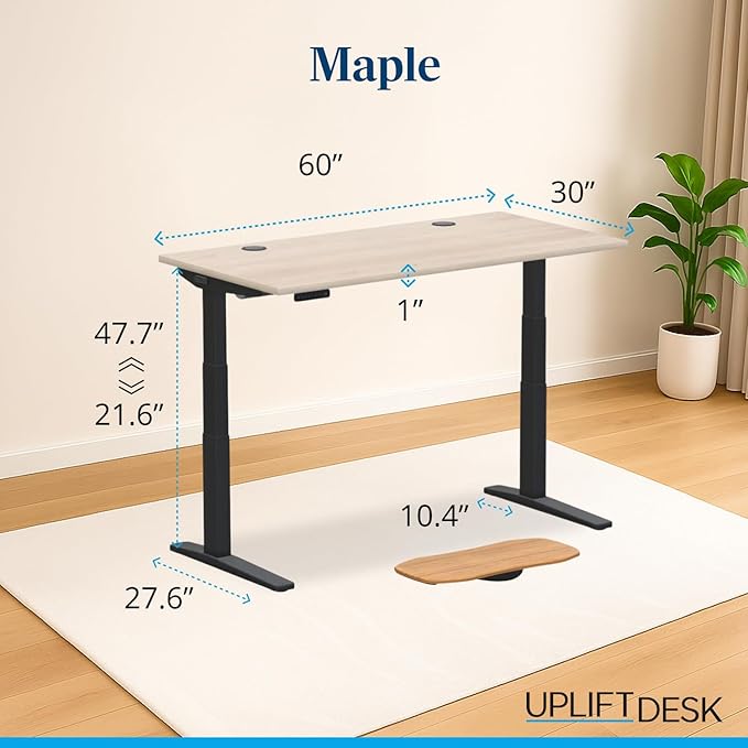 UPLIFTDESK V3 2-Leg Maple Laminate Wood Standing Desk – Adjustable Height, Advanced 1-Touch Memory Keypad, Under Desk Cable Management, Wire Grommets & Rocker Board (Black C-Frame, 60 x 30 inch)