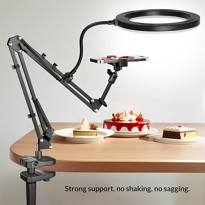Overhead Camera Mount and Phone Holder with 10” Ring Light Adjustable Desk Tripod Stand Compatible with Logitech Webcam for YouTube, Live Streaming, TikTok, Cooking, Nail Video & Zoom Meetings