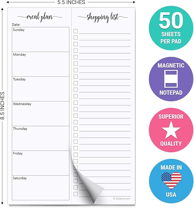 321Done Magnetic Meal Planning Pad, 5.5x8.5, Meal Plan Grocery List Combo, Made in USA, Weekly Menu Plan with Tear-Off Shopping List, Magnet to Stick to Fridge, 50 Perforated Pages, Sunday Start