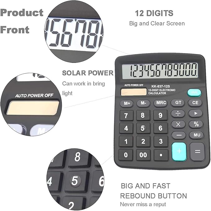 BESTWYA Calculators, Large Button Calculator with Angled LCD Display 12-Digit Dual Power Handheld Desktop Feature for Office, School, Home(Black, Pack of 5)