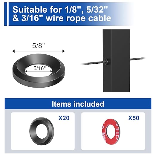 BLIKA 20Pack Black Cable Railing Adhesive Sleeves for 1/8" 5/32" 3/16" Wire Rope Cable, T316 Stainless Steel, 2.8mm Thickness Cable Railing Protector Adhesive Sleeves for Deck Stair Cable Railing Kits