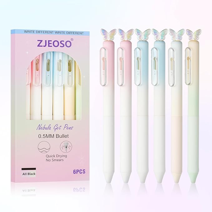 ZJEOSO Gel Pens Fine Point,6 Pcs 0.5mm Quick Dry Black Ink Pens Fine Point Smooth Writing Pens,With Aesthetic Gradient Cute Office School Supplies Gifts for Women,With 10 pen cores