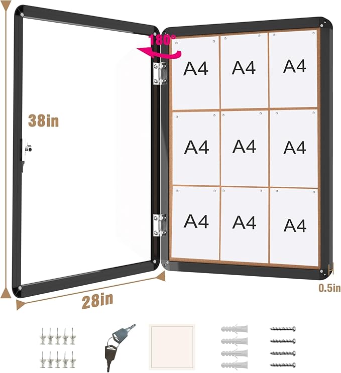 Mifuro 38"x28" Enclosed Bulletin Board, Lockable Weather-Resistant Aluminum Cork Noticeboard for School & Office, Black Frame w/Cork