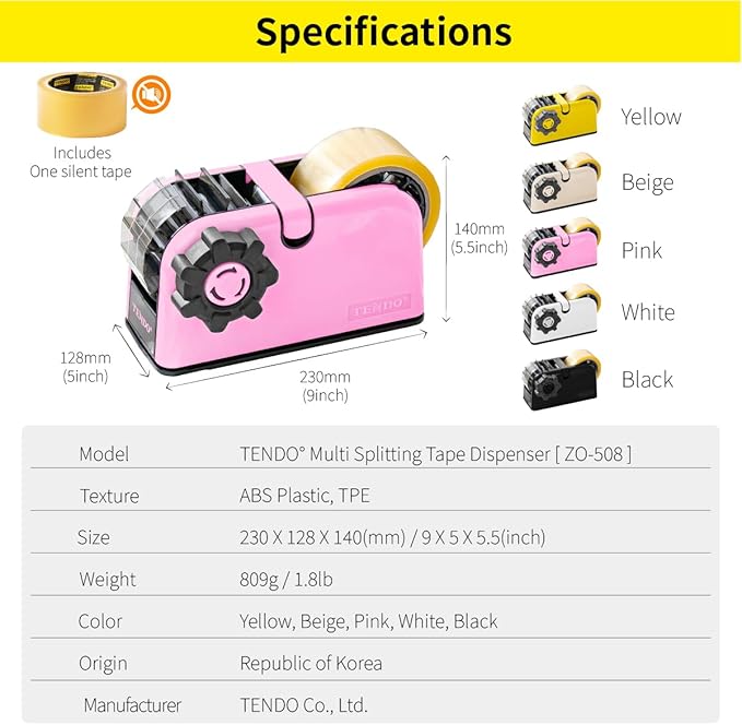 [TENDO°] Multi-Section Tape Dispenser ZO-508: Innovative Cutter for Custom Tape Width (Pink)