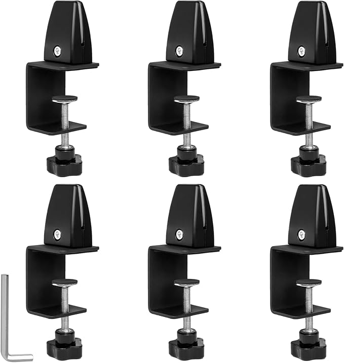 6-Pack Sneeze Guard Clamps for 1/8" to 1" Thick Panels, Adjustable Desk Partition Clips, Desk Privacy Panel Clips for Office and Home Use, Black