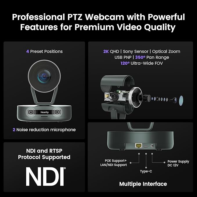 NEARITY 2K Conference Room Camera System, 2X Scalable Conference Speakerphones, POE Daisy Chain, Noise Suppression, PTZ Webcam w/Optical Zoom for Video Conferencing/Streaming in Small to Medium Rooms