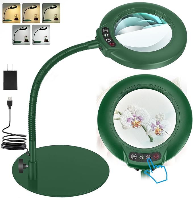 IVMAIE 10X Magnifying Glass with Light, Real Glass Lens, 5 Color Modes Dimmable, Flexible Gooseneck Lighted Magnifier with Stand, LED Desk Lamp Hands Free for Crafts Painting Reading Close Work, Green