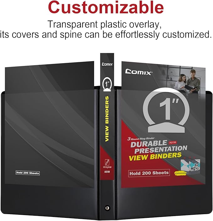 COMIX Sturdy 3 Ring Binder 1 inch with Clear View Cover, 1" Round Ring View Binder, PVC-Free, 2.4mm-Thick, 200 Sheets Capacity of US Letter Size Paper, Office ＆ School Supplies, Pack of 12 (Black)