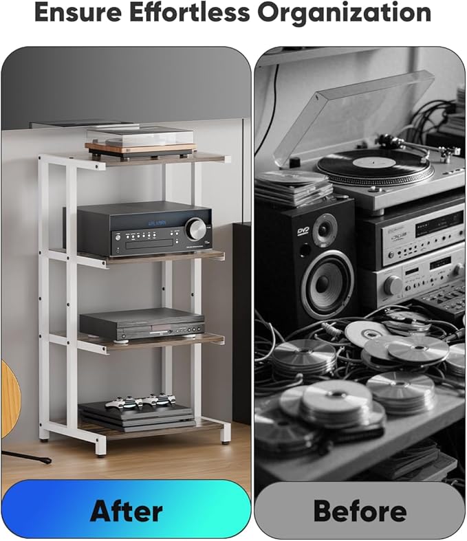 Ardier 4-Tier Wooden Media Stand, AV Media Stand Corner Shelf for TV Accessories/Audiovisual Equipment/Optical Disc/PS4, Audio Storage Rack for Living Room, Gaming Room, Music Studio, White
