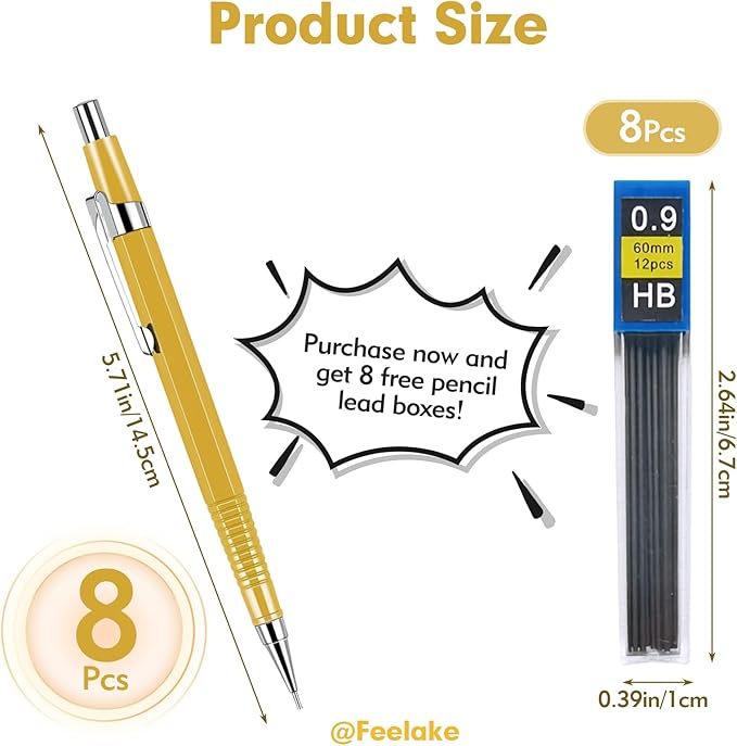 feelake 8 PCS Metal Mechanical Pencil,Durable 0.9mm Drafting Pencil,Comes With 8 PCS of 9 mm lead pencil refills, Pencils Mechanical For Writing,Drawing & Gifting