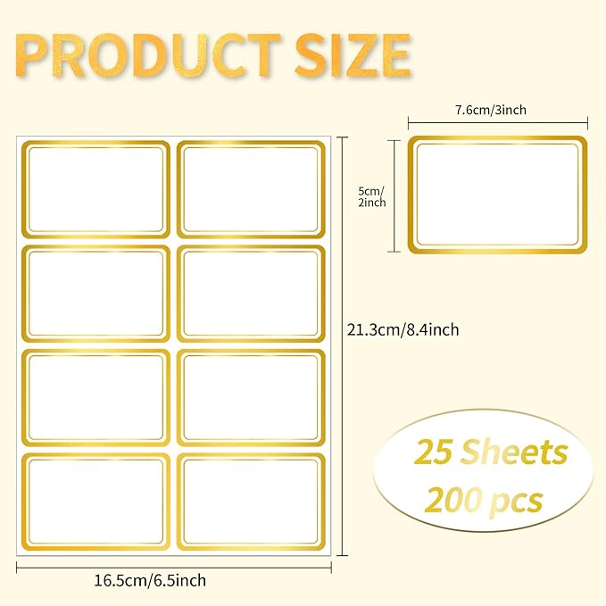 Yeachlaing 2" x 3" 200 PCS Name Labels, Waterproof Blank Name Tag Stickers with Permanent Adhesive Writable Stickers with Metallic Gold Border for School Office Home