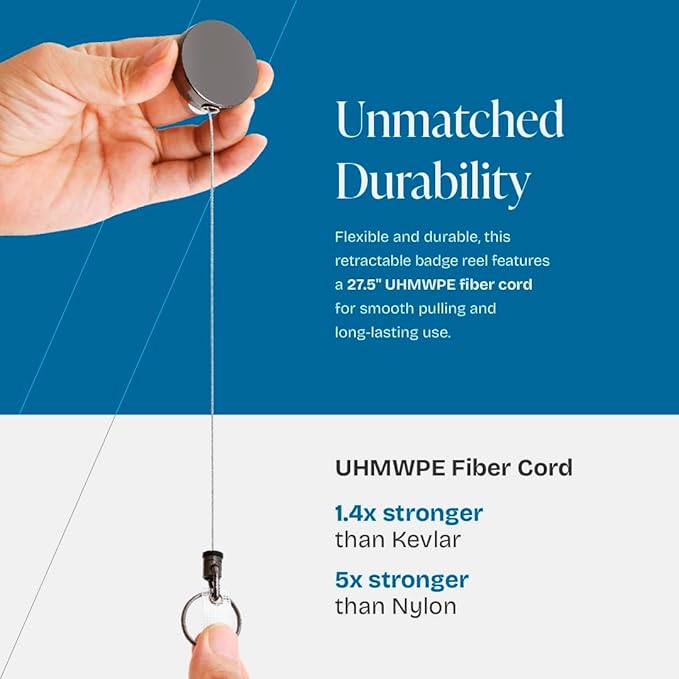 Will Well ID Badge Holder Reel with Clip and Keyring - Heavy-Duty All-Metal Casing with 27.5" UHMWPE Fiber Pull Cord for Durability and Easy Access, Holds up to 8 Keys - 2-Pack, Round, Glossy Black