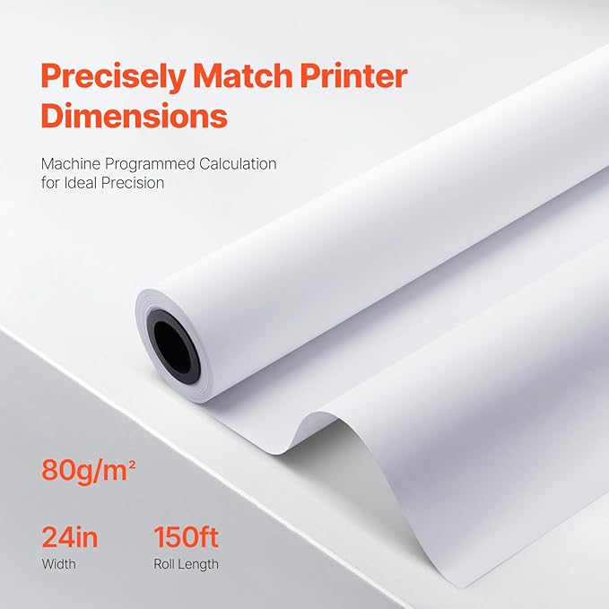 VEVOR 24 in x 150 ft Plotter Paper, 6 Rolls, 20 LB Bond, Architectural D/E, 2496 Sheets, White, Uncoated, Biodegradable, 94% Opacity, Ideal for CAD, Engineering, GIS Maps & Architectural Designs