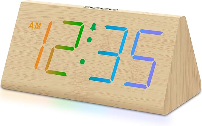 DreamSky Wooden Digital Alarm Clock for Bedroom - RGB Electric Desk Clock with Large Numbers, USB Port, Loud Alarm for Heavy Sleepers, Dimmer and Volume Control, Snooze, Wood Décor, Adapter Powered