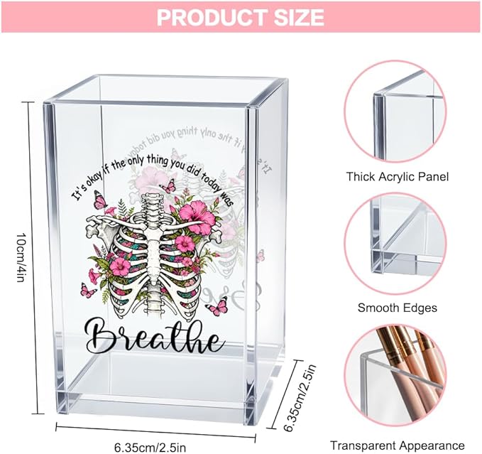Vgrti It's Okay Only Breathe Acrylic Cosmetic Pencil Pen Holder Cup, Skeleton Desk Organizer Accessories for Office, Inspirational Gifts for Women Girl Coworker Therapist Teacher Respiratory Doctor