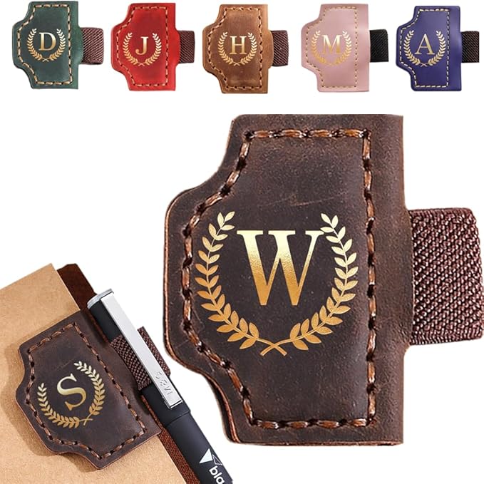 Personalized Mark Bookmark with Pen Holder, Leather Magnetic Book Marker 26 Letters,Custom Initials Page Marks, Gifts for Book Lovers Readers Men Women (Coffee, W)