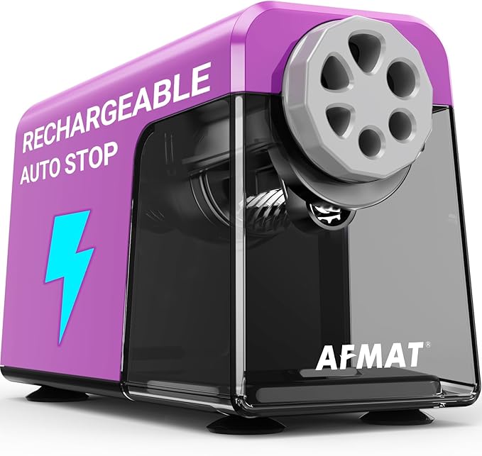 AFMAT 6-Hole Electric Pencil Sharpener, Cordless & Rechargeable, Colored Pencil Sharpener for 6-11mm Pencils, Auto Stop, Super Fast, 10,000+ Sharpenings, Battery Powered for Classroom/Home/Office PSD1