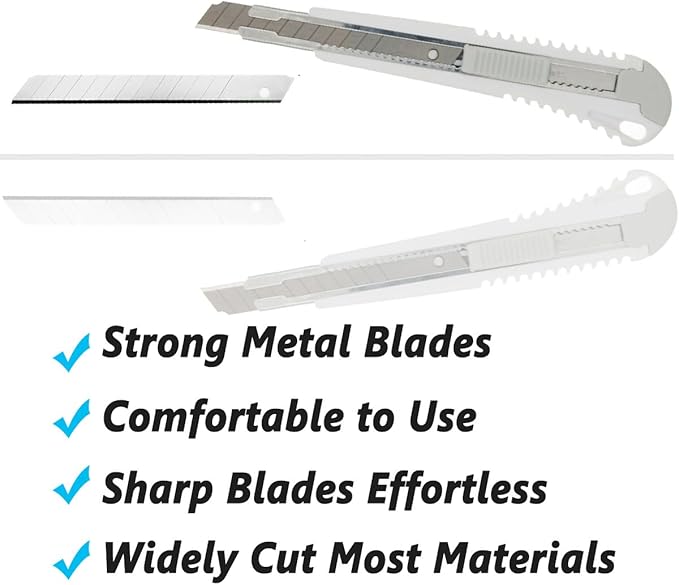 WEKOIL 9mm Snap Off Utility Knife 3 Pack High Hardness Retractable Box Cutters with 30 Pcs Snap Off Blades,Package Cutter 9mm Knife for Home Office Workstation,White