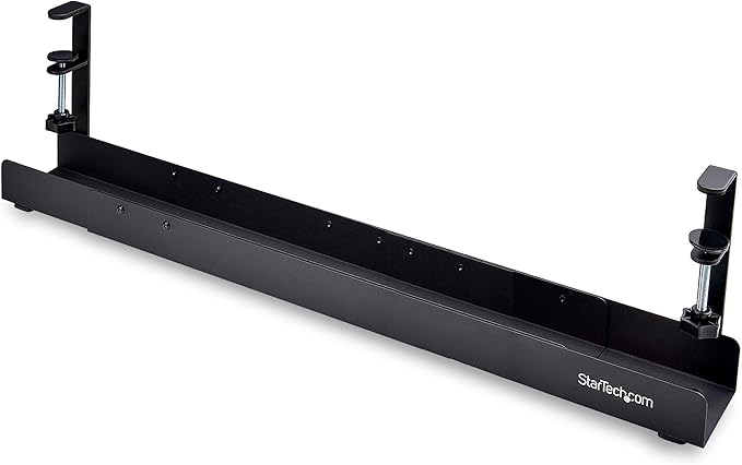 StarTech.com Under Desk Cable Management Tray, Length Adjustable, Clamp-On Installation, No Drilling Required, Black