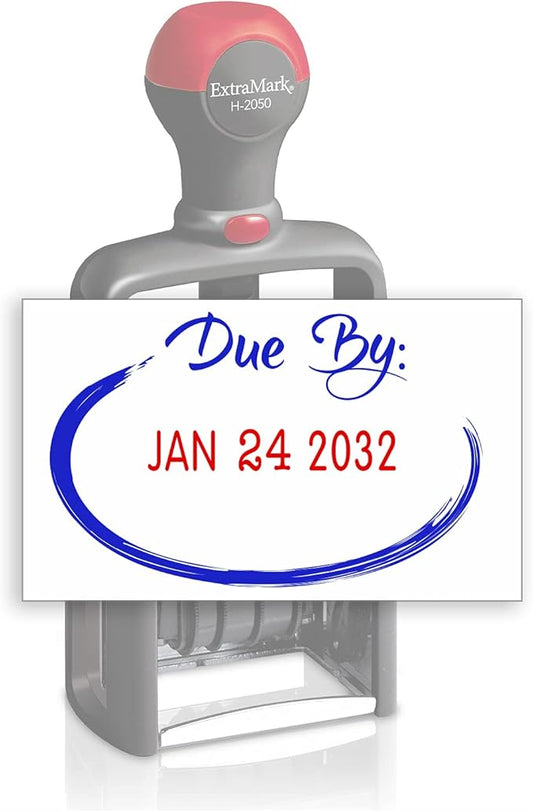 Heavy Duty Style Office Date Stamp with Due by: - Self Inking Dater - Style C - Blue & Red Ink Color
