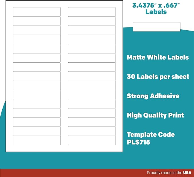 Premium Label Supply White File Folder Labels – 3.4375" x .667" – Laser/Inkjet Compatible – (30 per Sheet) 25 Sheets – 750 Total Adhesive Labels