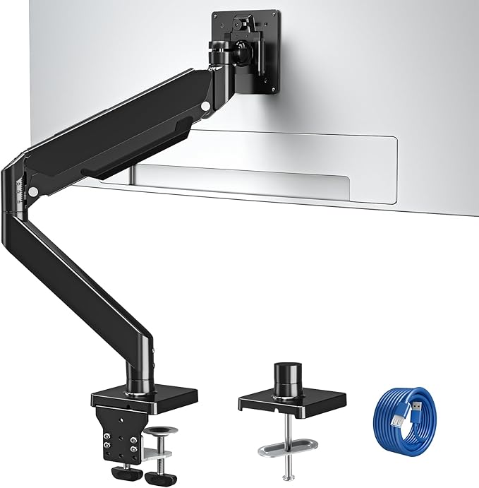 MOUNTUP Single Monitor Mount with USB Fits 49 42 40 35 34 32 27 24 inch Large Screen, Heavy Duty Monitor Arm, Monitors Stand for Desk, Holds 4.4-33 lbs, Ultrawide Monitors Arm, VESA Mount