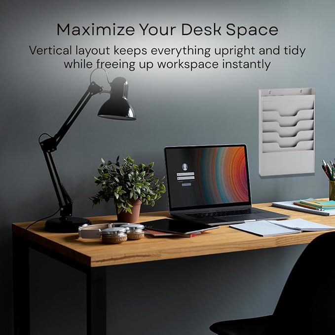 MAXXBUILD 4 Tier Wall Mounted File Organizer, Metal Task Rack for Office Documents, Mail & Folders, Space-Saving Office Wall Organizer, Graywhite 19.5”H