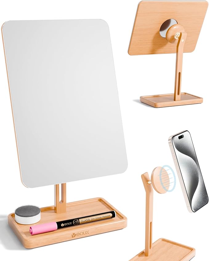 YEOUX Premium Desktop Glass Mirror, Dry Erase Board & Magnetic Phone Stand 3-in-1 | 360° Adjustable | Solid Wood | Compatible with Magsafe, Small Whiteboard for Office Home Desk