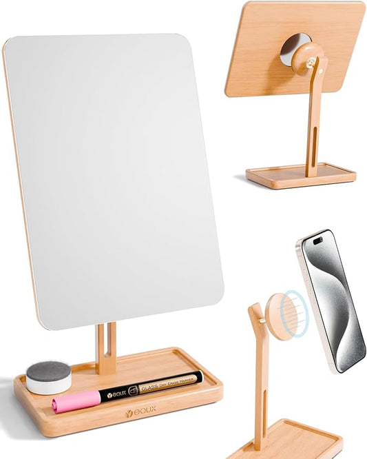 YEOUX Premium Desktop Glass Mirror, Dry Erase Board & Magnetic Phone Stand 3-in-1 | 360° Adjustable | Solid Wood | Compatible with Magsafe, Small Whiteboard for Office Home Desk