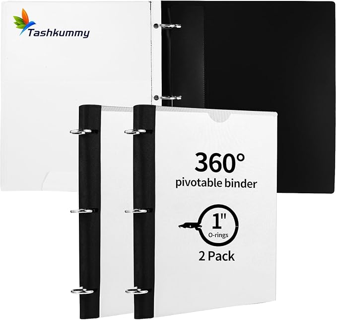 Tashkummy 360° Pivotable 3 Ring Binder, Upgraded Foldable Binders 1 inch 2 Pack, Thin Small Three Ring Binder Fits 8.5" x 11", for Home, School and Office Binders Supplies - White