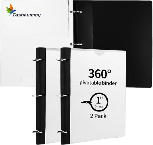 Tashkummy 360° Pivotable 3 Ring Binder, Upgraded Foldable Binders 1 inch 2 Pack, Thin Small Three Ring Binder Fits 8.5" x 11", for Home, School and Office Binders Supplies - White
