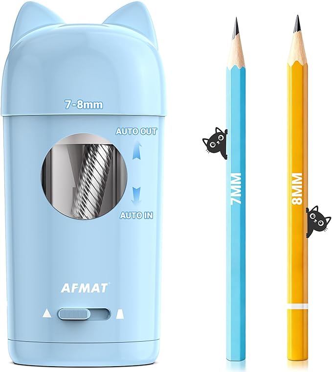 AFMAT Electric Pencil Sharpener, Pencil Sharpener for Kids, Auto in & Out, Colored Pencil Sharpeners for φ7-8mm Pencils, Rechargeable & Cordless, Fully Automatic Hands-Free for Classroom Home PSX9