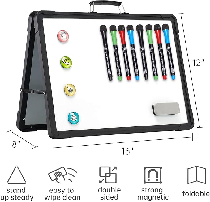 Small Dry Erase White Board - TSJ OFFICE 12" x 16" Mini Easel Desktop Double Sided Whiteboard, Portable Magnetic Board on Table Top with Holder for Drawing, Teacher Instruction, Memo Board