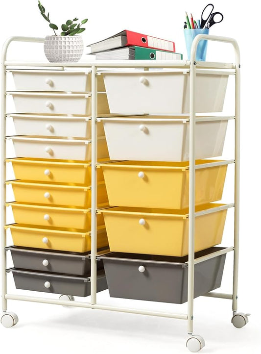 GLACER 15 Drawers Rolling Cart, Storage Cart with w/Removable Drawers & Steel Frame, Multipurpose Organizer Cart w/Sleek Handle, Utility Cart on Lockable Wheels for Home, School, Office (Yellow)